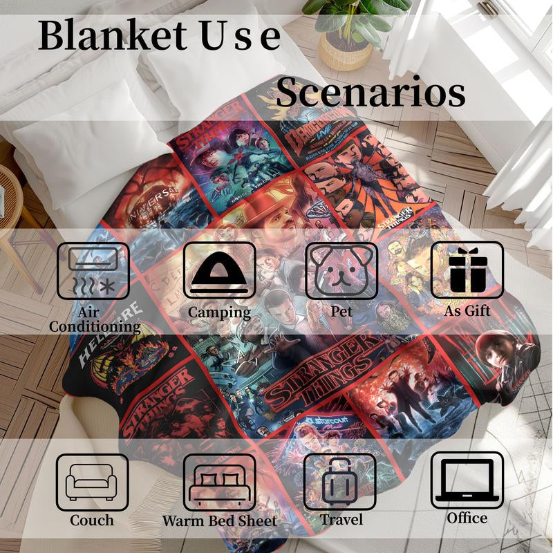 Stranger Things Theme Throw Blanket, Bold Poster-Style Artwork, Vivid Sci-Fi Energy, Soft and Cozy, Perfect for Sofa Bed or Décor, Heartwarming Blanket Gift