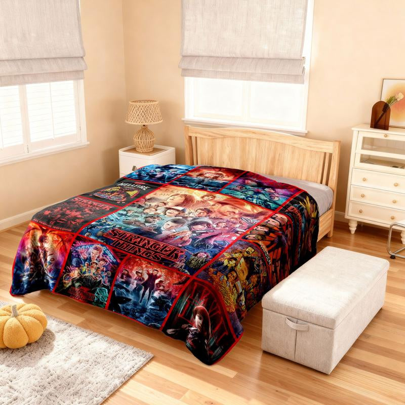 Stranger Things Theme Throw Blanket, Bold Poster-Style Artwork, Vivid Sci-Fi Energy, Soft and Cozy, Perfect for Sofa Bed or Décor, Heartwarming Blanket Gift