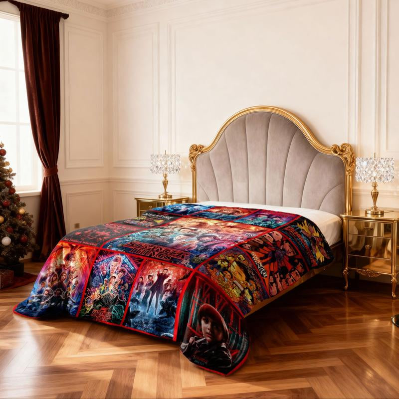 Stranger Things Theme Throw Blanket, Bold Poster-Style Artwork, Vivid Sci-Fi Energy, Soft and Cozy, Perfect for Sofa Bed or Décor, Heartwarming Blanket Gift
