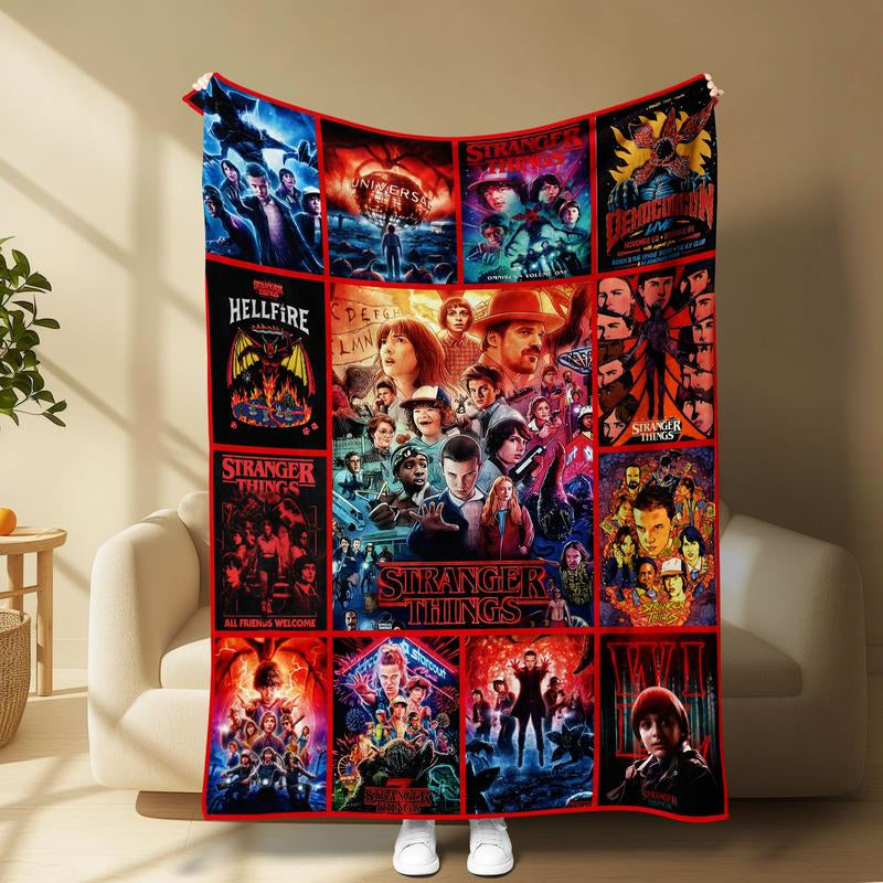 Stranger Things Theme Throw Blanket, Bold Poster-Style Artwork, Vivid Sci-Fi Energy, Soft and Cozy, Perfect for Sofa Bed or Décor, Heartwarming Blanket Gift